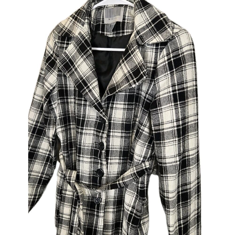 Miss Lili Womens Black White Plaid Waist Length Peacoat Tie Belt MED Wool Preppy